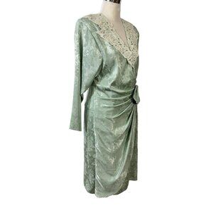 Scott McClintock Dress Green Damask Jacquard Lace Collar Size 10 Vintage 1980s